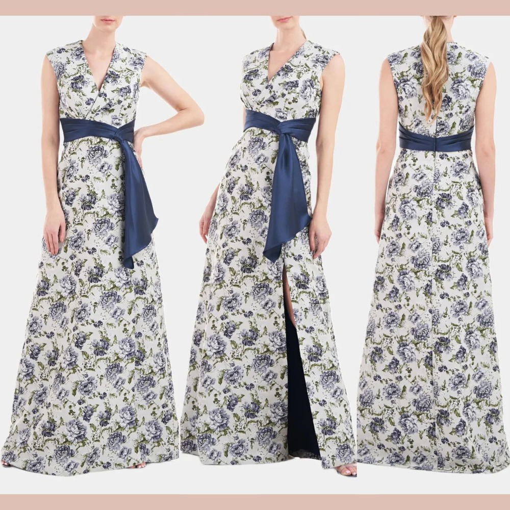 NWT $458 Kay Unger [ 14 ] Ansley Draped‎ Floral-Print A-Line Gown in Blue #J2071